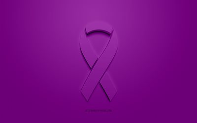 Ruban cancer du pancr&#233;as, ruban 3d violet, ruban de sensibilisation au cancer du pancr&#233;as, Cancer du pancr&#233;as, fond violet, Rubans cancer, rubans de sensibilisation