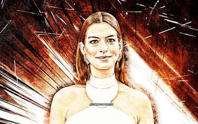 4k, Anne Hathaway, grunge art, Hollywood, american celebrity, movie stars, Anne Jacqueline Hathaway, brown abstract rays, american actress, Anne Hathaway 4K
