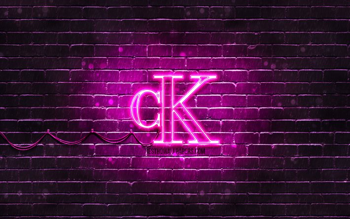 Calvin Klein violetti logo, 4k, violetti tiilisein&#228;, Calvin Klein logo, muoti tuotemerkit, Calvin Klein neon logo, Calvin Klein