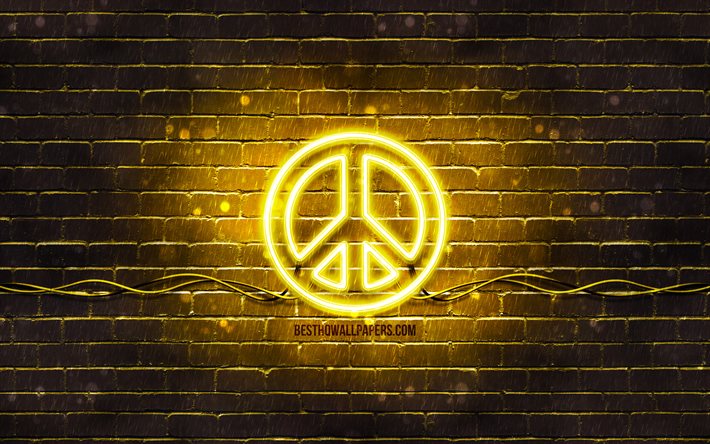 Peace yellow sign, 4k, yellow brickwall, Peace symbol, creative, Peace neon sign, Peace sign, Peace