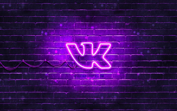 Logotipo violeta Vkontakte, 4k, parede de tijolos violeta, logotipo Vkontakte, redes sociais, logotipo VK, logotipo de neon Vkontakte, Vkontakte