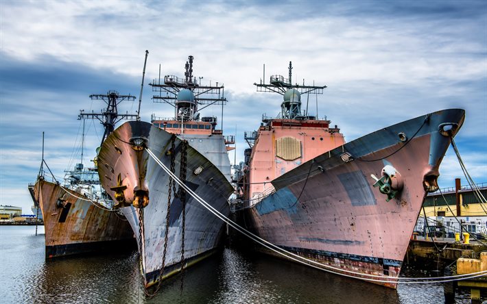 Philadelphia Navy Yard, old american warships, rusty ships, Philadelphia, Pennsylvania, USA