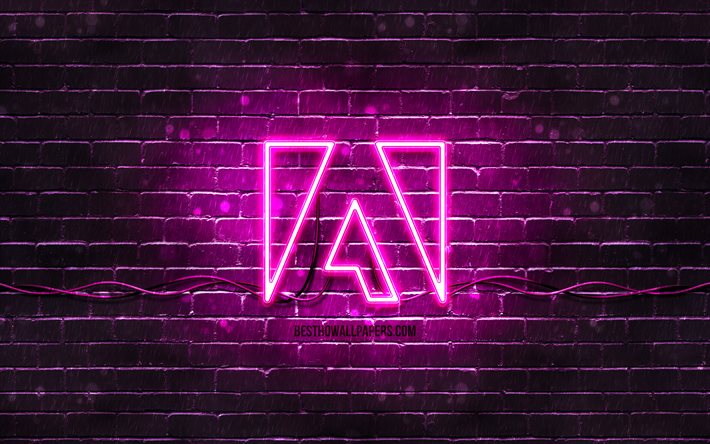 Logotipo roxo da Adobe, 4k, parede de tijolos roxos, logotipo da Adobe, marcas, logotipo da Adobe neon, Adobe
