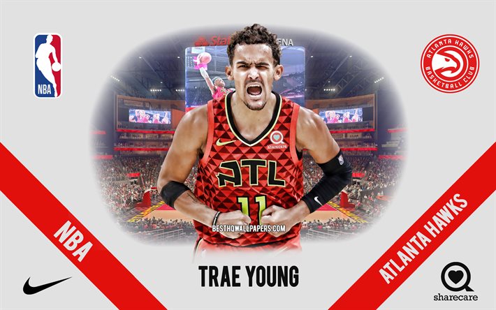 Trae Young, Atlanta Hawks, yhdysvaltalainen koripalloilija, NBA, muotokuva, YHDYSVALLAT, koripallo, State Farm Arena, Atlanta Hawksin logo