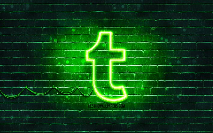 Tumblr yeşil logosu, 4k, yeşil brickwall, Tumblr logosu, sosyal ağlar, Tumblr neon logosu, Tumblr