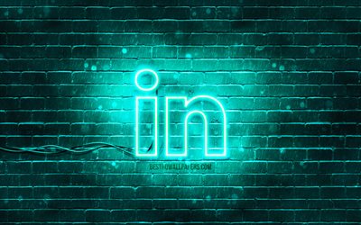 Logo turquoise LinkedIn, 4k, brique turquoise, logo LinkedIn, r&#233;seaux sociaux, logo au n&#233;on LinkedIn, LinkedIn