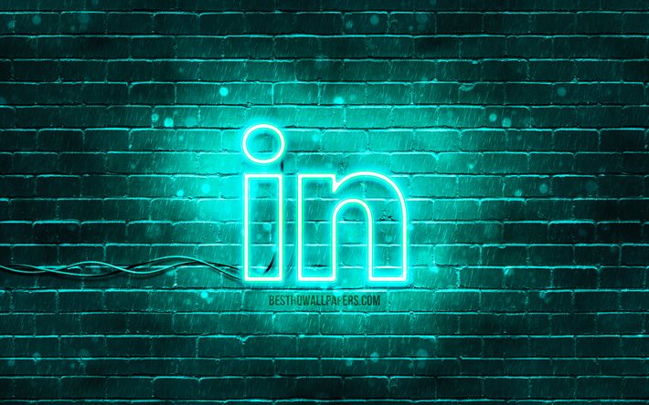 Logotipo do LinkedIn turquesa, 4k, parede de tijolo turquesa, logotipo do LinkedIn, redes sociais, logotipo neon do LinkedIn, LinkedIn