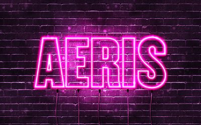 Happy Birthday Aeris, 4k, pink neon lights, Aeris name, creative, Aeris Happy Birthday, Aeris Birthday, popular japanese female names, picture with Aeris name, Aeris