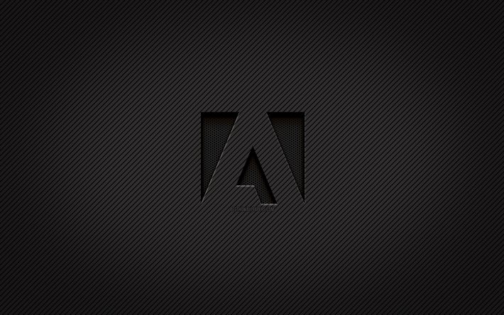 Adobe carbon logo, 4k, grunge art, carbon background, creative, Adobe black logo, brands, Adobe logo, Adobe