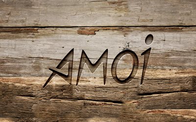Logo en bois Amoi, 4K, fonds en bois, marques, logo Amoi, cr&#233;atif, sculpture sur bois, Amoi