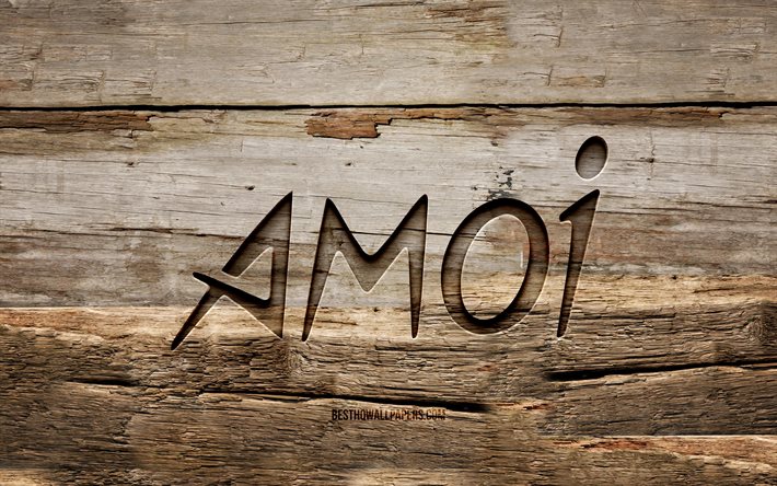 Logotipo de madeira amoi, 4K, fundo de madeira, marcas, logotipo amoi, criativo, escultura de madeira, Amoi