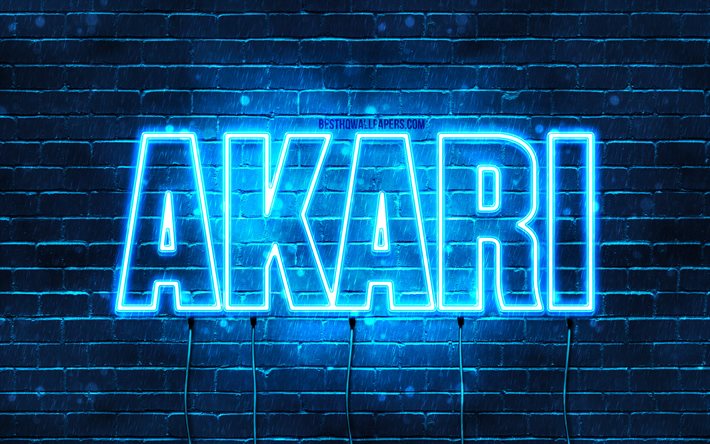 Feliz Anivers&#225;rio Akari, 4k, luzes de n&#233;on azuis, nome Akari, criativo, Anivers&#225;rio Akari, nomes masculinos japoneses populares, imagem com nome Akari, Akari