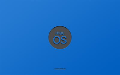 MacOS logo nero, 4k, minimalismo, sfondi blu, macOS, OS, logo macOS, emblema macOS