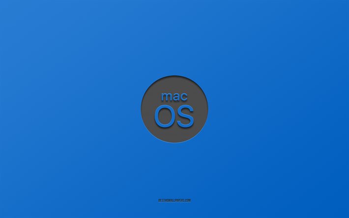 MacOSの黒いロゴ, 4k, ミニマル, 青い背景, macOS, OS, macOSロゴ, macOSエンブレム