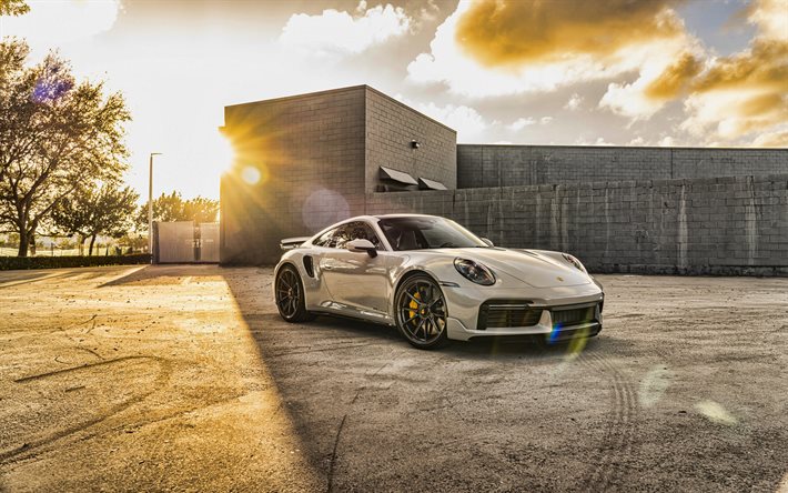 2021, Porsche 911 Turbo S, 4k, 911 Turbo S 992, edest&#228;, ulkopuolelta, valkoinen urheiluauto, uusi valkoinen Porsche 911, saksalaiset urheiluautot, Porsche
