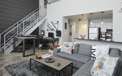 interior of two-storey apartments, stylish interior design, gray interior, idea for two-storey apartments, modern style