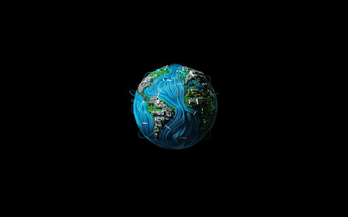 3D Earth, 4k, minimal, Network Concepts, galaxie, Terre, art num&#233;rique, Earth minimailsm, science-fiction, univers, NASA, plan&#232;tes, Terre vue de l&#39;espace