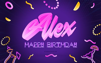 alles gute zum geburtstag alex, 4k, lila party hintergrund, alex, kreative kunst, alles gute zum geburtstag von alex, alex name, alex geburtstag, geburtstagsfeier hintergrund