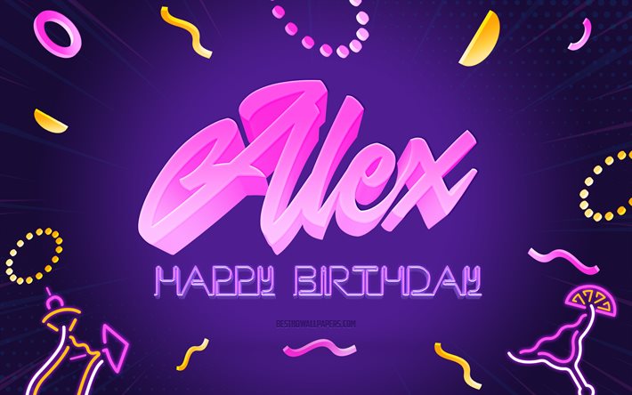 Happy Birthday Alex, 4k, Purple Party Background, Alex, creative art, Happy Alex birthday, Alex name, Alex Birthday, Birthday Party Background