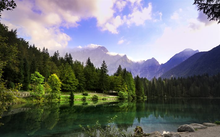 mountain lake, Alps, morning, sunrise, mountain landscape, Switzerland, lake, forest