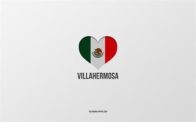 Amo Villahermosa, Citt&#224; messicane, Giorno di Villahermosa, sfondo grigio, Villahermosa, Messico, Cuore della bandiera messicana, citt&#224; preferite