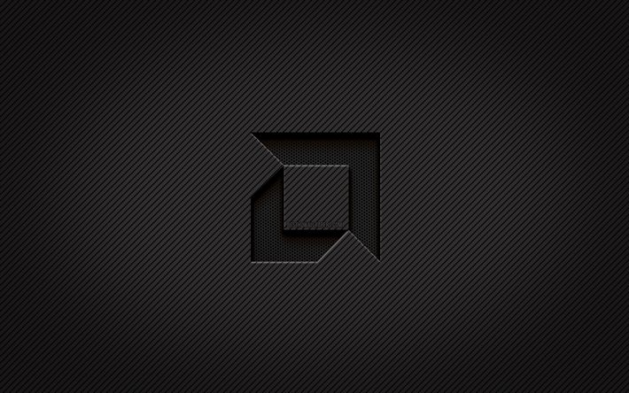 Logo in carbonio AMD, 4k, arte grunge, sfondo in carbonio, creativo, logo nero AMD, marchi, logo AMD, AMD