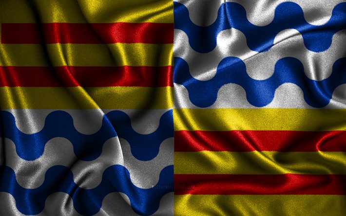 Bandeira de Badalona, 4k, bandeiras onduladas de seda, cidades espanholas, Dia de Badalona, bandeiras de tecido, arte 3D, Badalona, cidades da Espanha, Bandeira de Badalona 3D