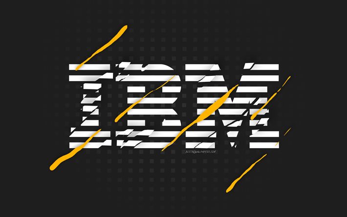 IBM logosu, gri arka plan, IBM beyaz logosu, yaratıcı sanat, IBM amblemi, IBM
