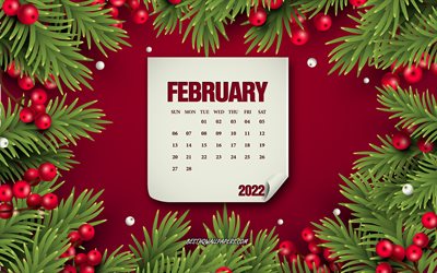2022 february calendar, red christmas background, february, 2022 concepts, 2022 winter calendars, february 2022 calendar