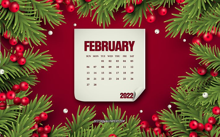 Calend&#225;rio de fevereiro de 2022, fundo vermelho de Natal, conceitos de fevereiro de 2022, calend&#225;rios de inverno de 2022, calend&#225;rio de fevereiro de 2022