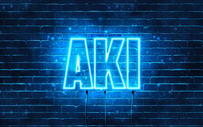Happy Birthday Aki, 4k, blue neon lights, Aki name, creative, Aki Happy Birthday, Aki Birthday, popular japanese male names, picture with Aki name, Aki