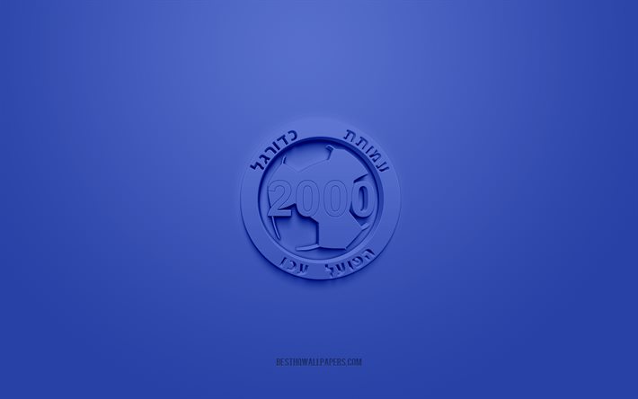 Hapoel Acre FC, luova 3D -logo, sininen tausta, Liga Leumit, 3d -tunnus, Israel Football Club, Acre, Israel, 3d art, jalkapallo, Hapoel Acre FC 3d -logo