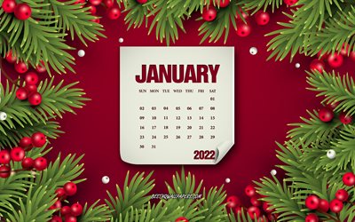 Calend&#225;rio de janeiro de 2022, fundo vermelho de Natal, conceitos de janeiro de 2022, calend&#225;rios de inverno de 2022, calend&#225;rio de janeiro de 2022