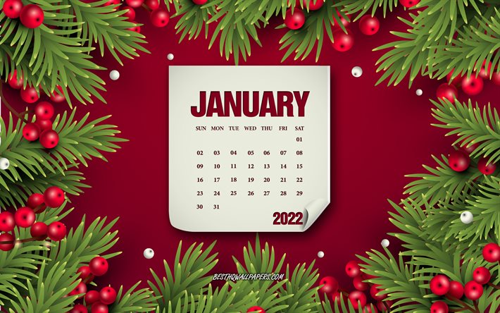 Calendrier de janvier 2022, fond de No&#235;l rouge, janvier, concepts 2022, calendriers d&#39;hiver 2022, calendrier de janvier 2022