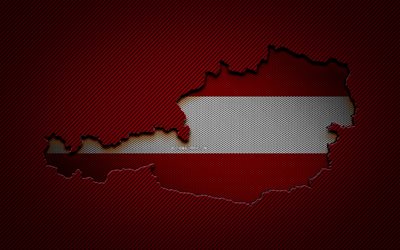 Austria map, 4k, European countries, Austrian flag, red carbon background, Austria map silhouette, Austria flag, Europe, Austrian map, Austria, flag of Austria