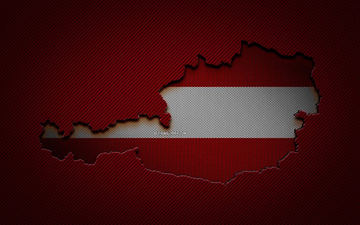 オーストリアの地図, 4k, ヨーロッパ諸国, オーストリアの旗, 赤い炭素の背景, オーストリアの地図のシルエット, ヨーロッパ, オーストリア