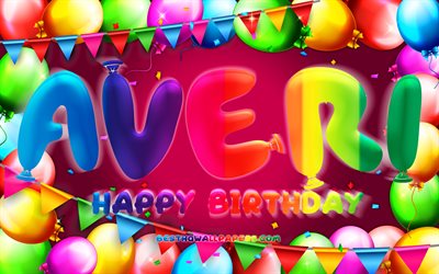 Feliz Anivers&#225;rio Averi, 4k, moldura de bal&#227;o colorido, Nome Averi, fundo roxo, Anivers&#225;rio Averi, nomes femininos populares americanos, Conceito de anivers&#225;rio, Averi