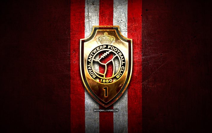 Royal Antwerp FC, gyllene logotyp, Jupiler Pro League, r&#246;d metallbakgrund, fotboll, belgisk fotbollsklubb, Royal Antwerp -logotyp, Antwerpen