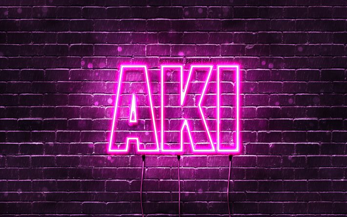 Happy Birthday Aki, 4k, pink neon lights, Aki name, creative, Aki Happy Birthday, Aki Birthday, popular japanese female names, picture with Aki name, Aki