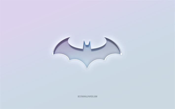 Logo di Batman, ritagliare testo 3d, sfondo bianco, logo 3d di Batman, emblema di Batman, Batman, logo in rilievo, emblema di Batman 3d