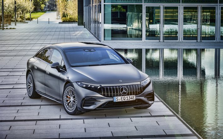 2022, Mercedes-AMG EQS 53 4MATIC, 4k, önden görünüm, dış cephe, gri sedan, elektrikli arabalar, yeni gri EQS 53, Alman arabaları, Mercedes