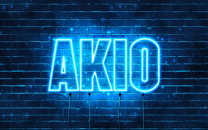 Feliz Aniversário Akio, 4k, luzes de néon azuis, nome Akio, criativo, Akio Birthday, nomes masculinos japoneses populares, imagem com nome Akio, Akio