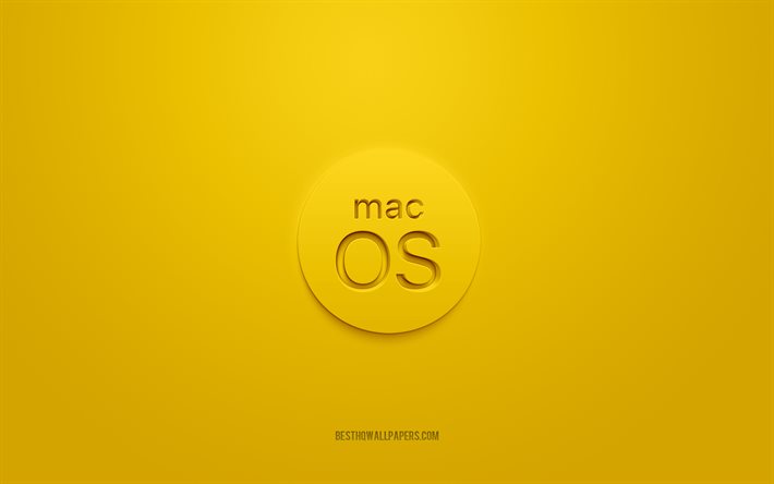 macos-logo, emblem, gelber hintergrund, macos gelbes 3d-logo, kreative kunst, macos