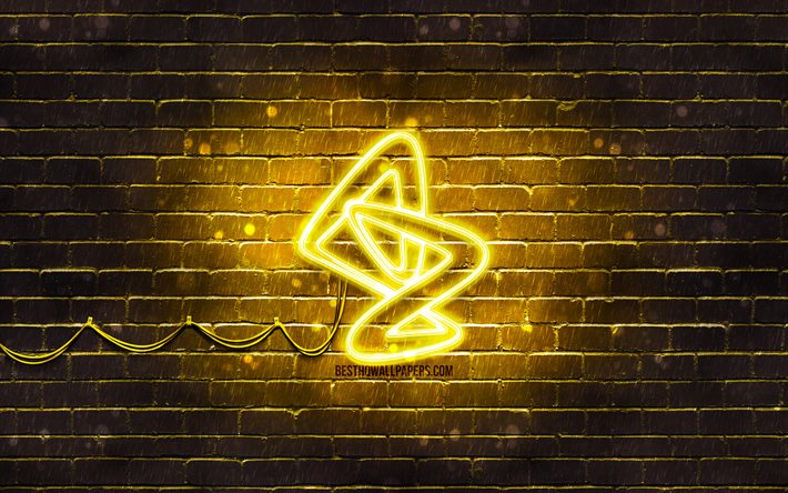 AstraZeneca logo giallo, 4k, muro di mattoni giallo, logo AstraZeneca, Covid-19, Coronavirus, logo neon AstraZeneca, vaccino Covid, AstraZeneca