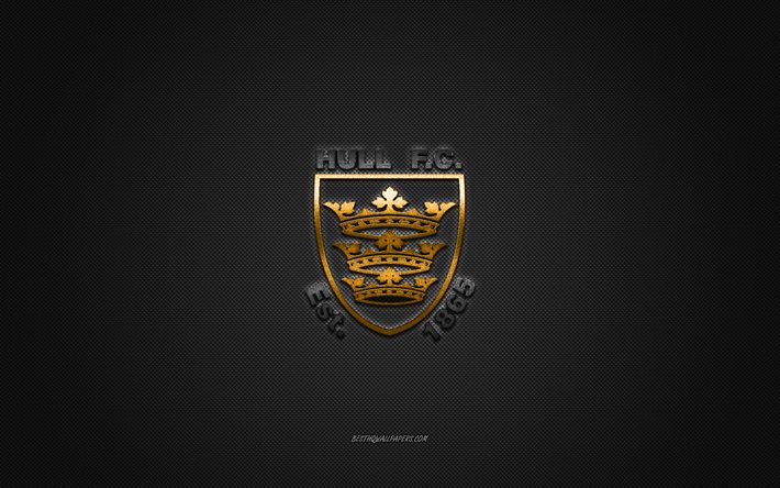 Hull FC, English rugby club, ECHL, gold logo, gray carbon fiber background, Super League, rugby, Yorkshire, England, Hull FC logo
