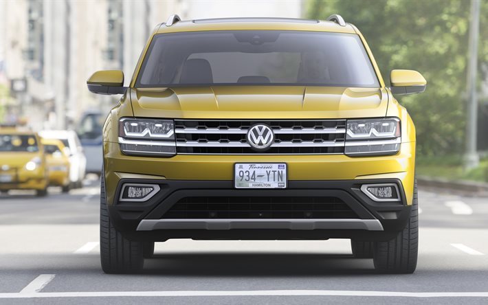 Volkswagen Atlas, 2017, Vus, 4K, voitures de luxe, jaune volkswagen