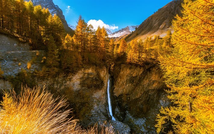 Waterfall, Autumn, Canyon, France, Alps, Rocks