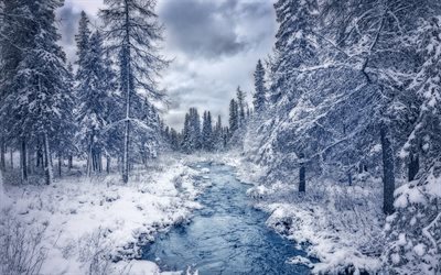 winter, river, snow, forest, mountains, Canada, Quebec