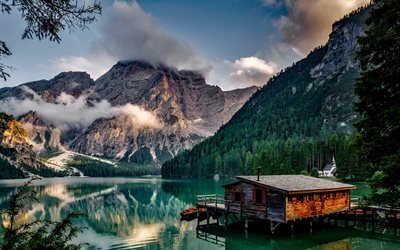 山湖山の風景, アルプスの, 森林, 木, 山々, イタリア