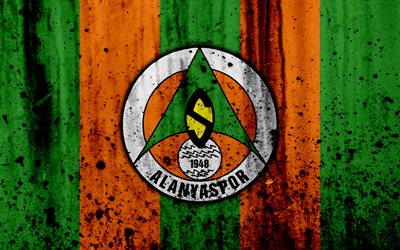 FC Alanyaspor, 4k, Super Lig, logo, Turkey, soccer, football club, grunge, Alanyaspor, art, stone texture, Alanyaspor FC